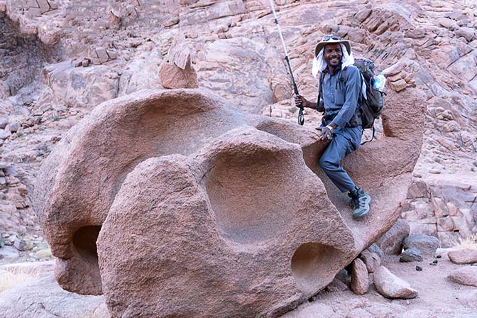 Our tour guide Muhammad ''galloping'' on a granite rock in Wadi Talaa Kibira, 2021
