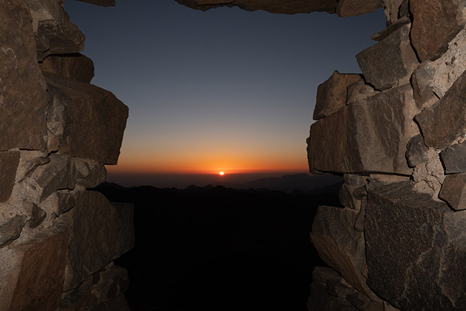 Sunset through the entrance to the Palace of Abbas Hilmi I. Pasha on top of Jebel Abbas Basha, 2021