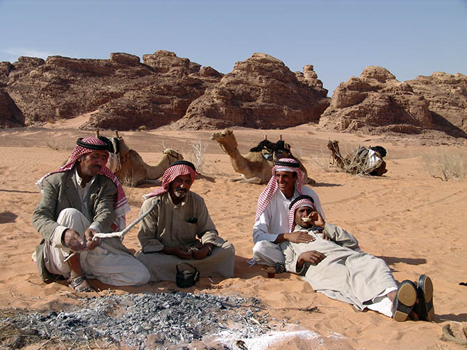 The Bedouins prepare Shai (tea) and Leebe (thick Pita bread) in the dunes of Wadi er Raqiya, 2006