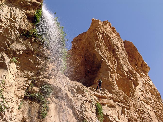 Haggai rappels (abseils) a waterfall in Wadi Zarqa Ma'in, 2007