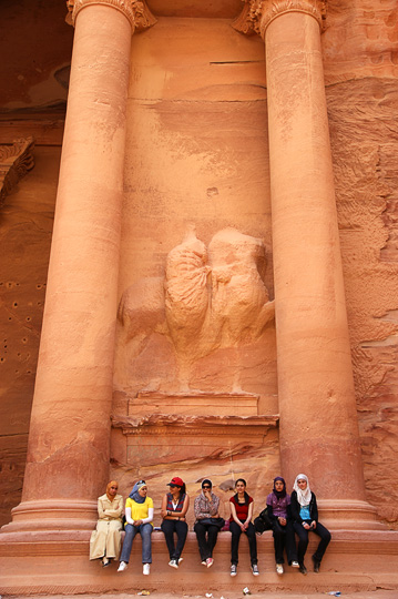 Young Jordanian girls sitting at the bottom of Al Khazneh (The Treasury), 2009