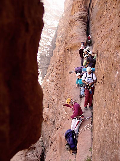 Climbing narrow exposed traverses to Jabel Rum, 2005