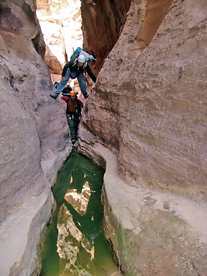 Crossing a water hole descending from Jabel Rum, 2005