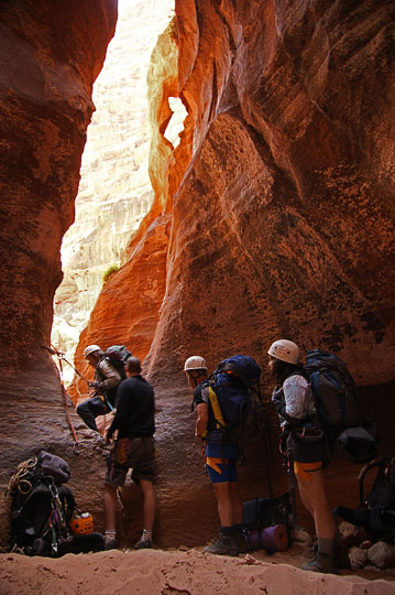 Haggai, Yoni, Boaz and Mira in a rappelling (abseiling) station in the gorge of Jabel Khazali, 2009