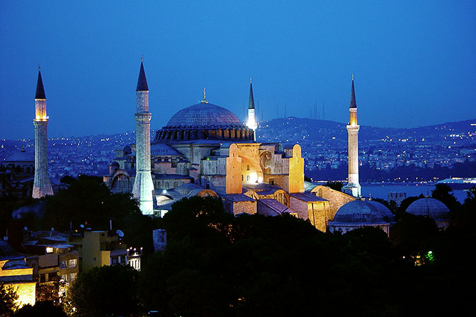 The Ayasofya Museum (the Hagia Sophia) illuminated at dusk, 2003