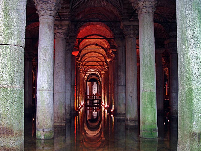 Huge pillars, looted from ancient temples, support the ceiling of the huge Basilica Cistern, 2003