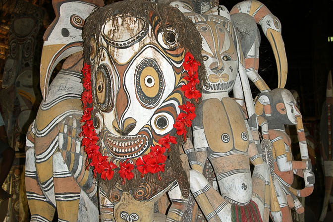 Totems inside a Haus Tambaran (Spirit House) in Yamok, the Sepik River 2009