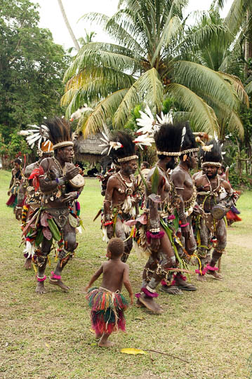 Performers dance in a singsing (cultural show) in Kararau, the Sepik River 2009