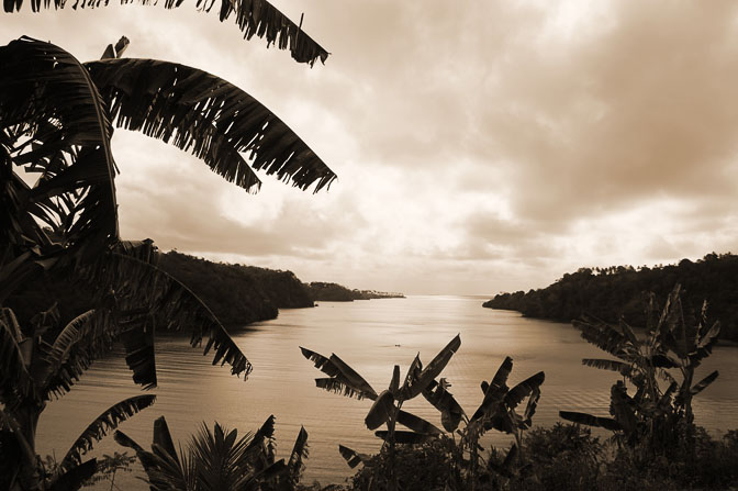 Sunrise at the entrance of Tufi fjord to Solomon Sea, Kabuni Village 2009 (Sepia tone)